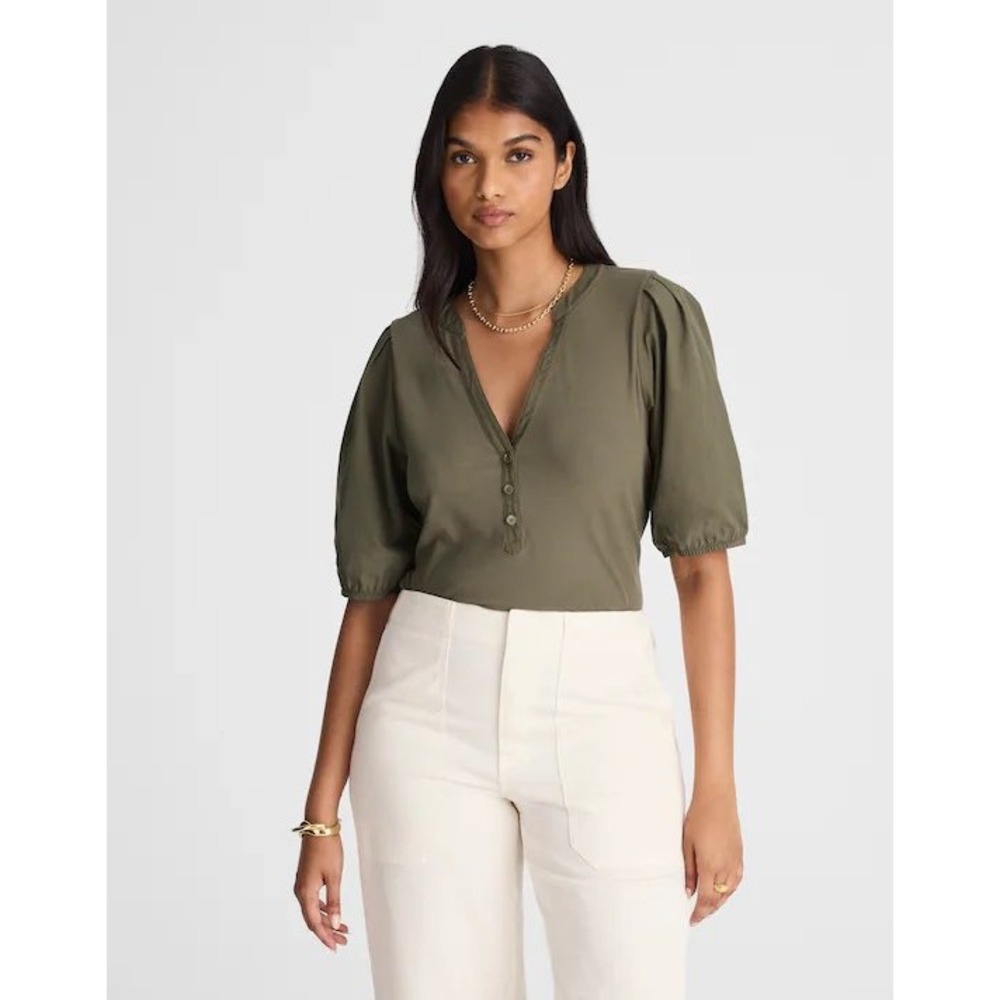 Madewell Womens Puff Sleeve Henley Top Olive Green Ribbed Knit Blouse NEW